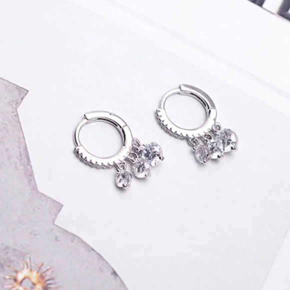 925 Sterling Silver Hoop Diamond Drop Earrings - Picture 4 of 7